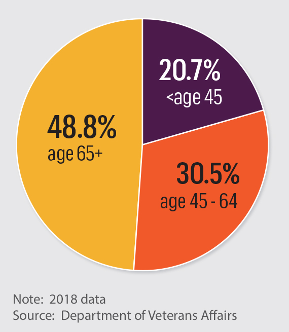 pic chart showing percentages of veterans health care recipients by age twenty point seven percent are under age 45 thirty point five percent are forth five to sixty four and forty eight point eight percent are sixty five and above