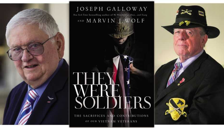 book cover of they were soldiers flanked by photos of the two authors on the left is marvin j wolf and joseph galloway is on the right