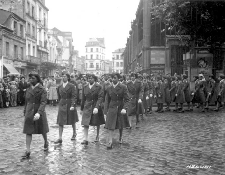 A unit of African American women march during World War Two