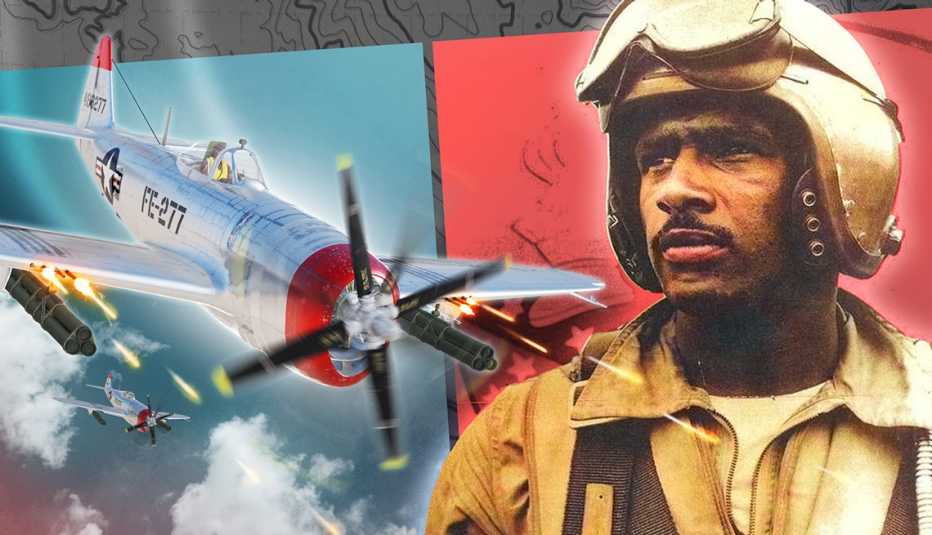 collage of tuskegee airman james harvey and a fighter plane
