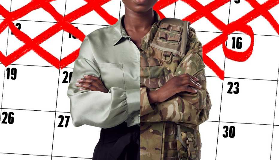 a calendar with dates crossed off in red with a person standing half in a military uniform and half in civilian clothes