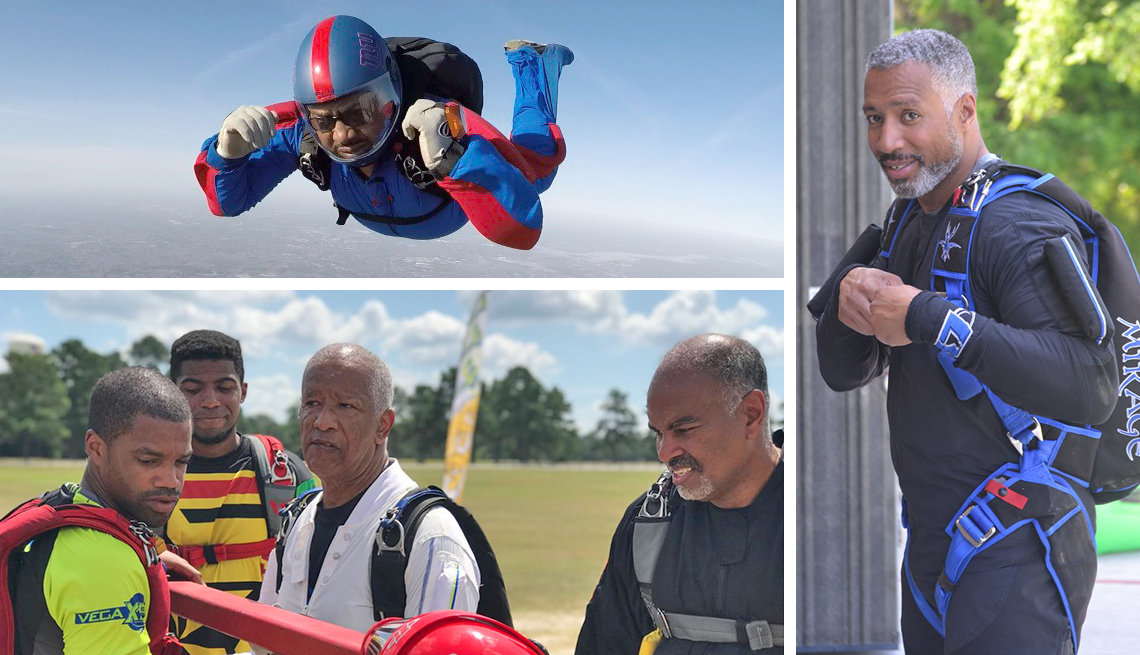 team blackstar members mike linares in skydiving freefall sean sylvester dressed in gear and harrison wallace with others prepping for a jump