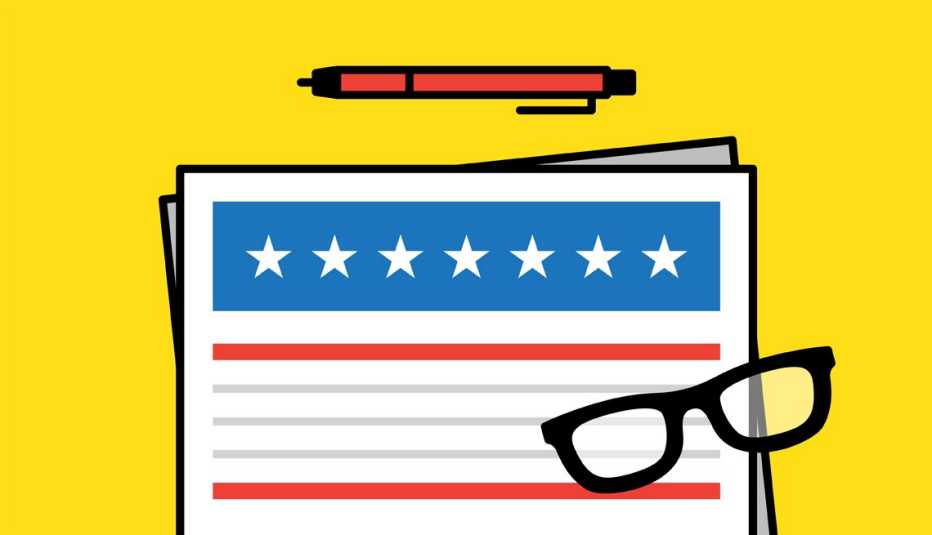 a red white and blue resume on a yellow background with a red pen and black glasses