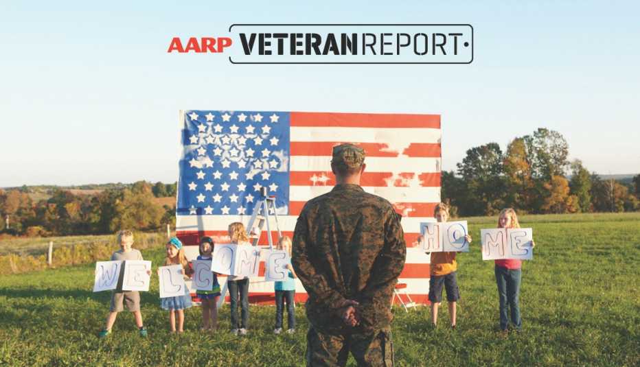 people hold up a welcome home sign as someone from the military stands before an american flag. the words aarp veteran report appear above the flag