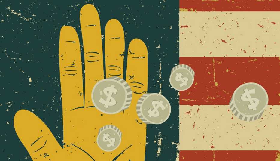 a hand with coins next to it with the american flag in the background