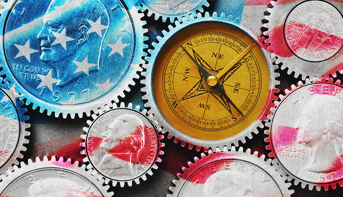 coins and a compass with red white and blue colors