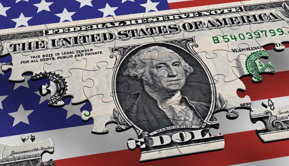 a puzzle of a dollar bill with an american flag in the background