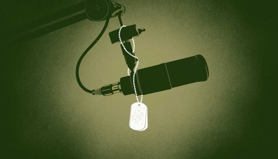 a microphone with a dog tag around it