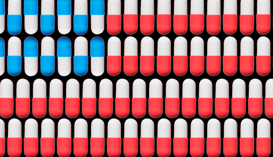a photo illustration shows an american flag made of multi-colored pill capsules