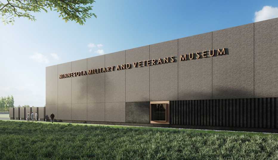 a digital rendering shows the minnesota military and veterans museum, a dark building in front of a blue sky and green grass