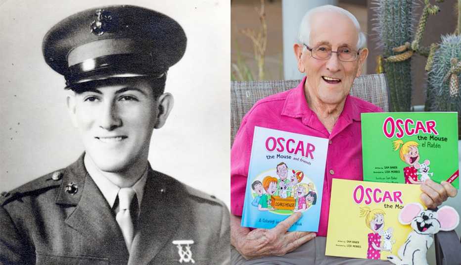 Left: Sam Baker soon after he enlisted in the Marine Corps. Right: The veteran with his books. 