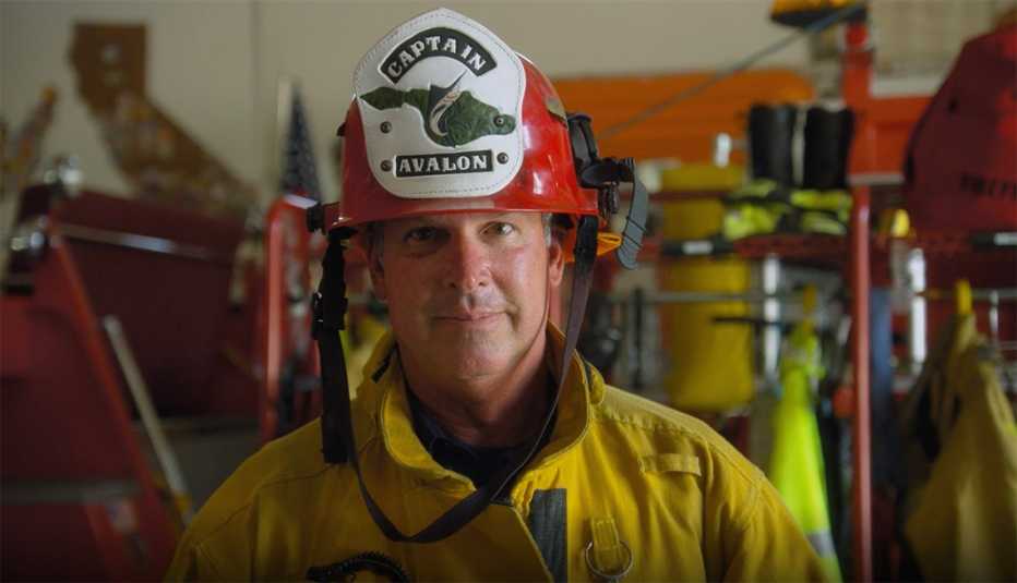 Firefighter Captain John Meffert in his hat and gear