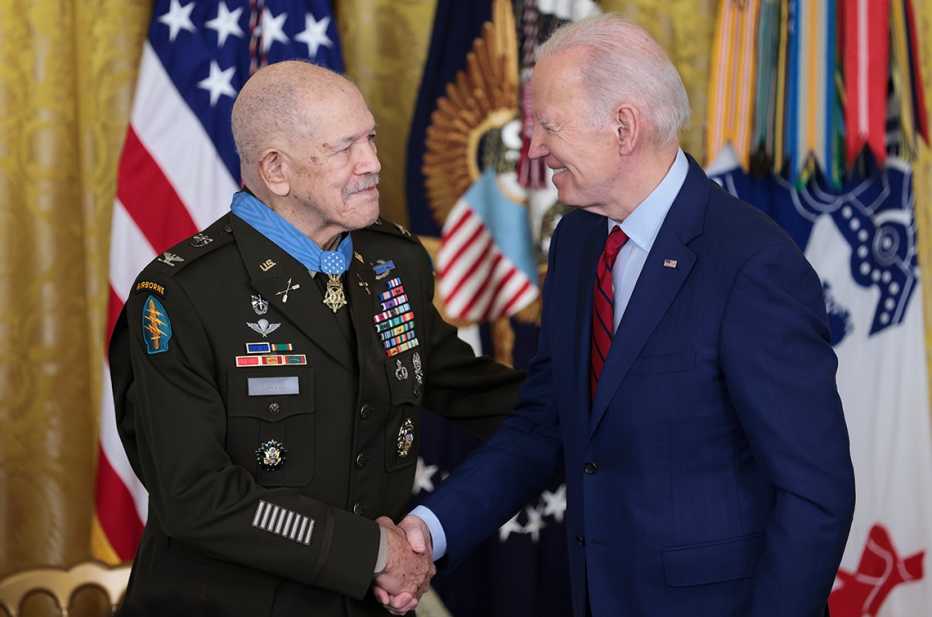 U.S. President Joe Biden awards the Medal of Honor to Ret. U.S. Army Colonel Paris Davis for his remarkable heroism during the Vietnam War, during an event in the East Room of the White House on March 3, 2023 in Washington, DC.