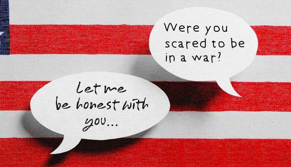 conversation bubbles with words in them above the american flag
