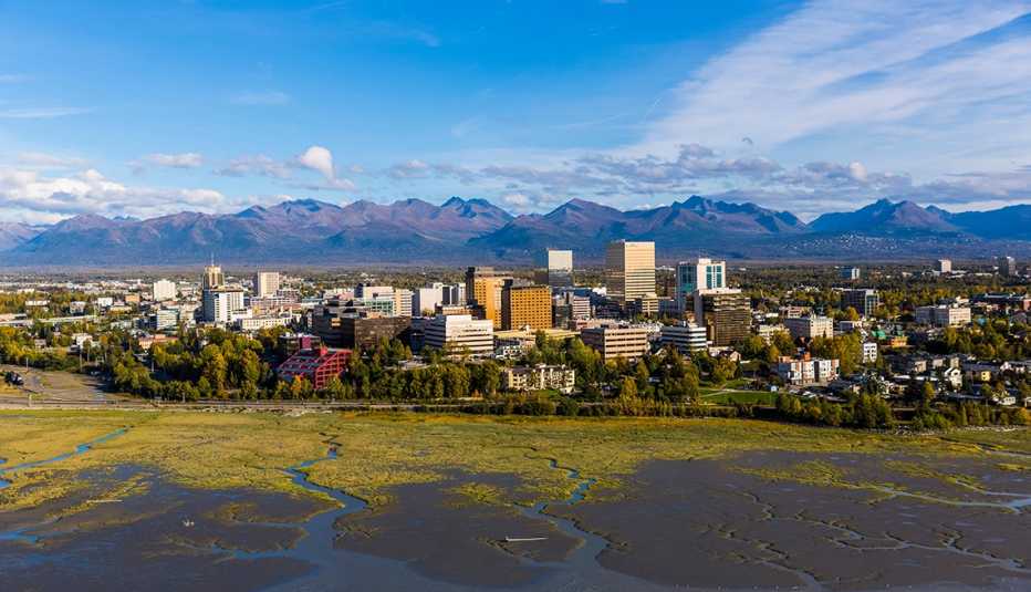 Downtown Anchorage and the low tide flats of Cook Inlet.