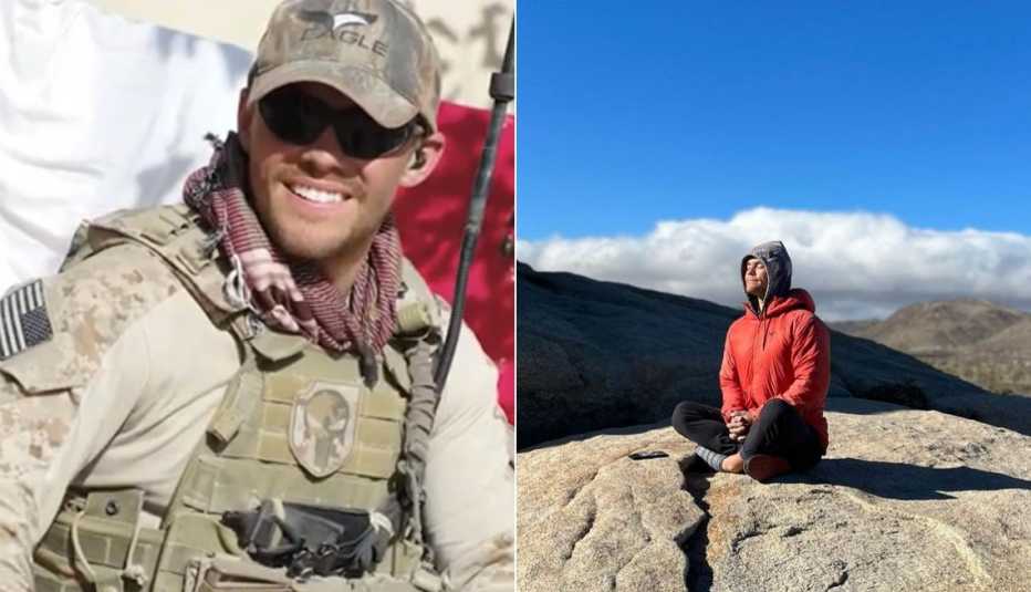 Two images show Nick Norris during his time in the military and also meditating on a mountain