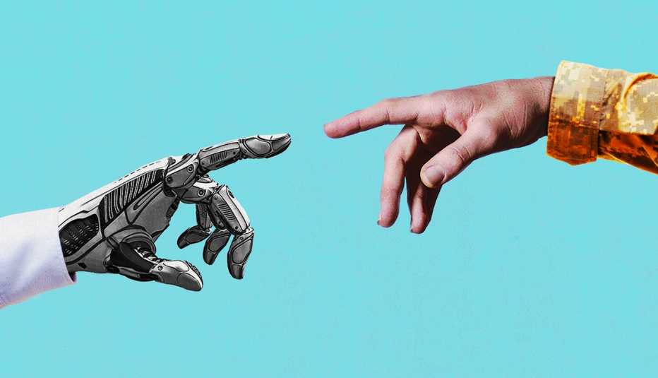 a human hand reaches for a robot hand