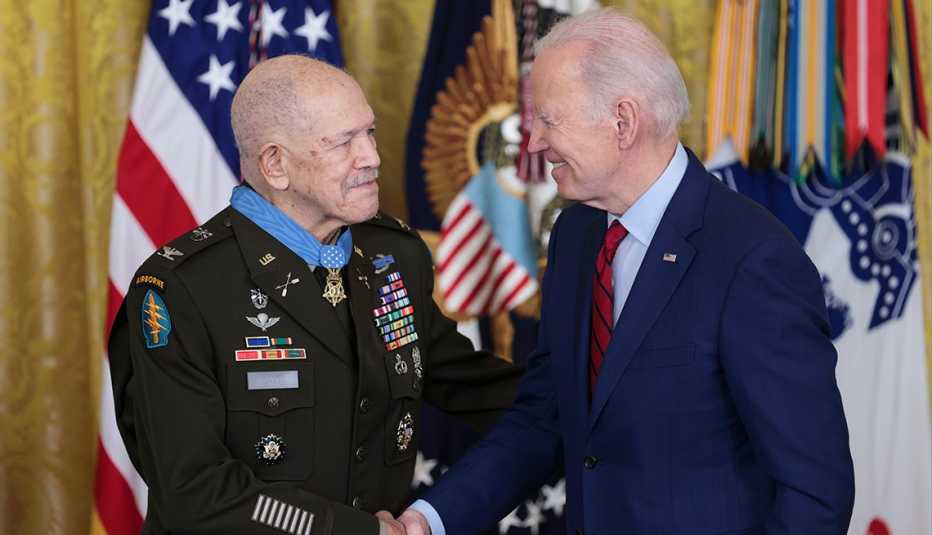 President Joe Biden awards the Medal of Honor to Ret. U.S. Army Colonel Paris Davis for his remarkable heroism during the Vietnam War, during an event in the East Room of the White House on March 3, 2023 in Washington, DC.