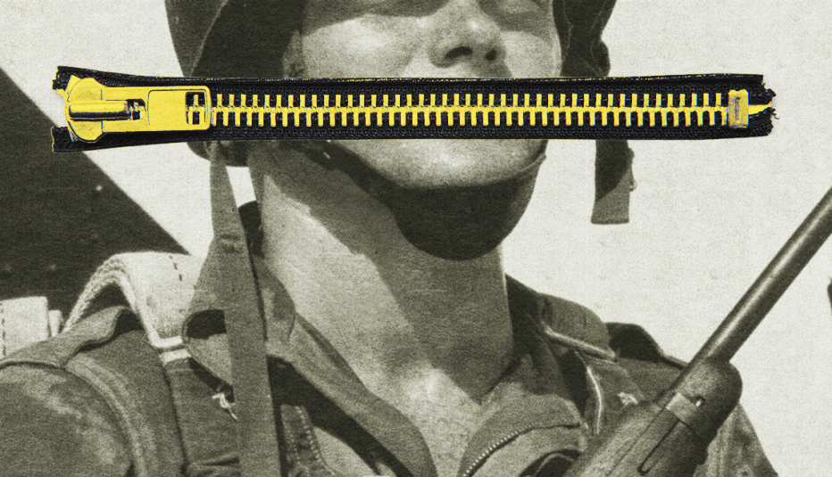 A soldier with an illustrated zipper over his mouth