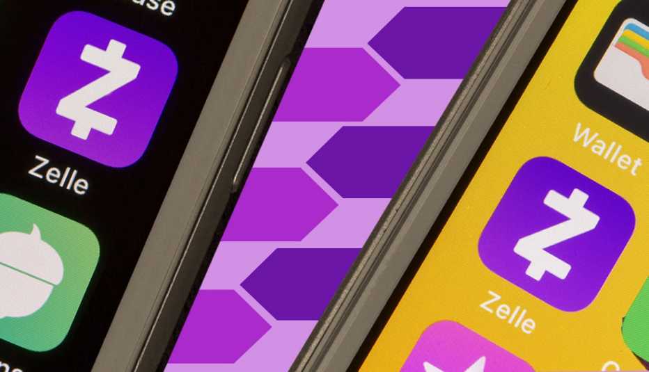 two phones both with the peer to peer cash app zelle on them and arrows moving between the two to show transfer concept
