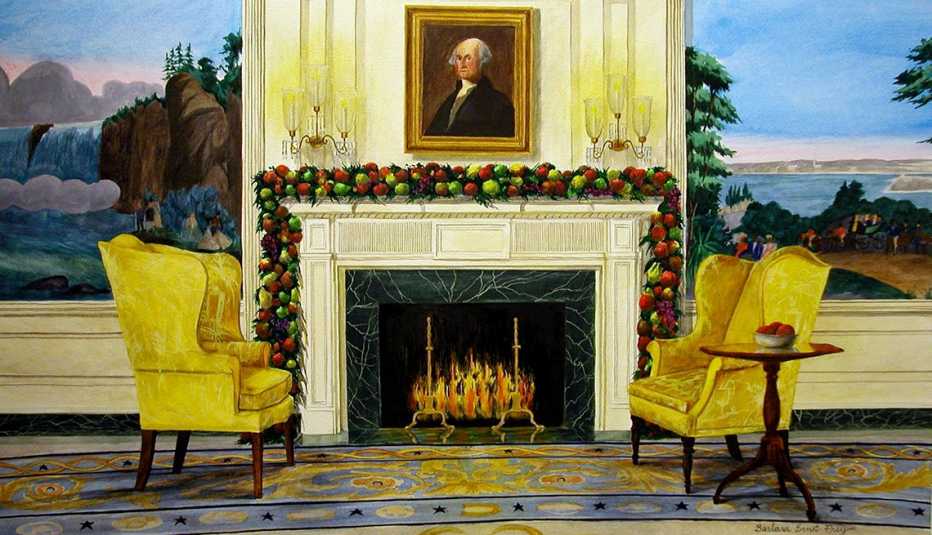 a watercolor painting of the white house diplomatic reception room, which is on this year's white house christmas card