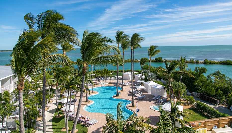 palm trees blow in the wind and surround a pool at hawks cay resort in the florida keys