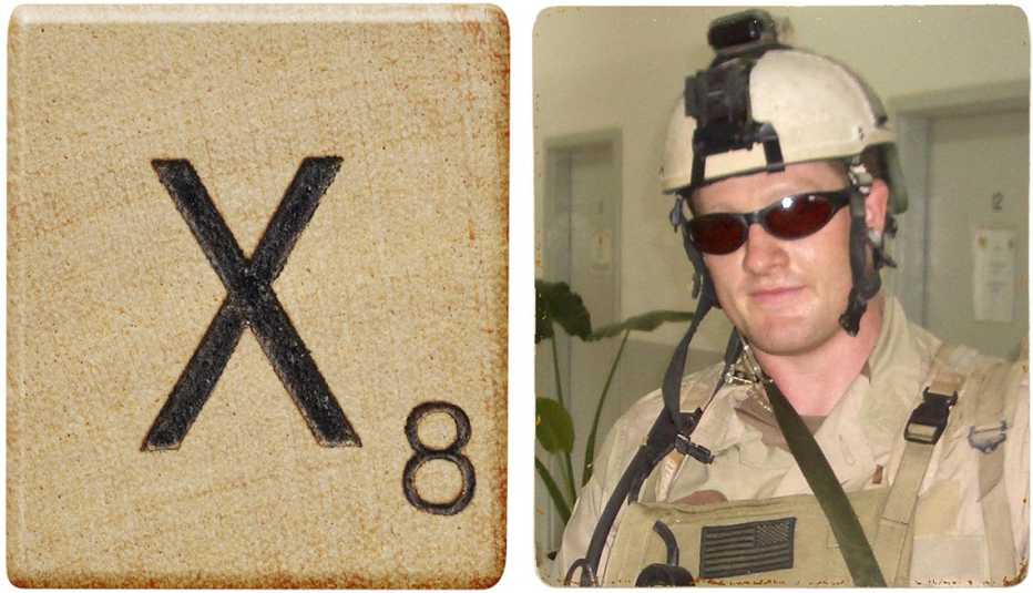a diptych showing a scrabble chip and a marine in uniform
