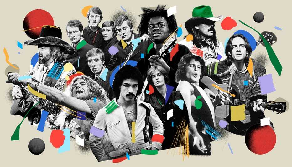 a large collage of black and white images of musical artists