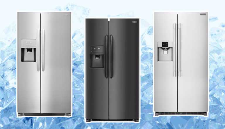 three frigidaire side by side refrigerators with ice and water dispensers on a background of ice cubes
