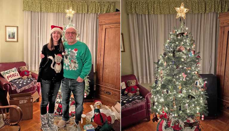 john ficarra and his daughter m e in front of their christmas tree and a shot of the tree itself