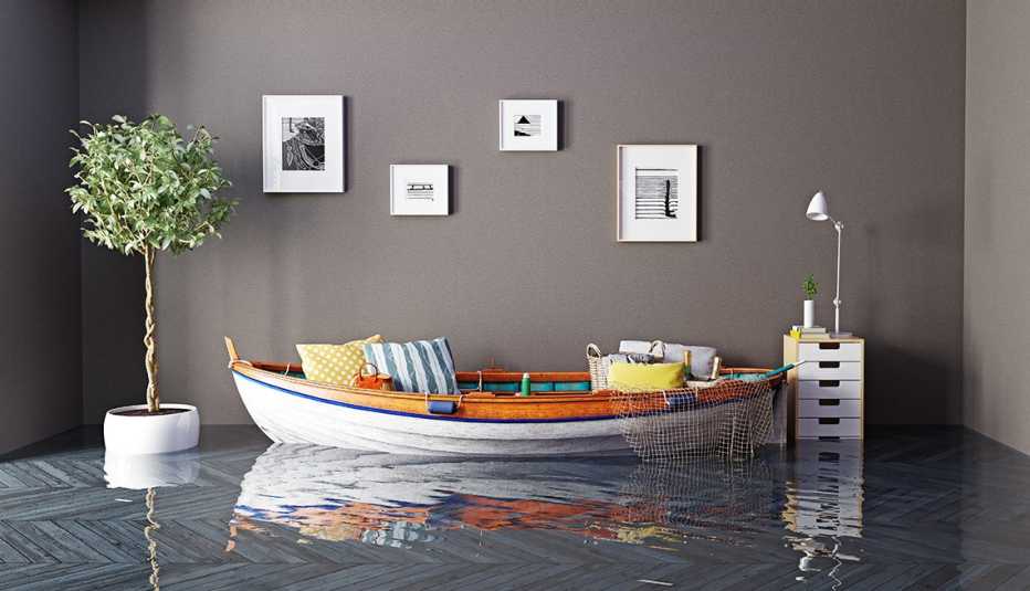 boat as a sofa in a flooded living room