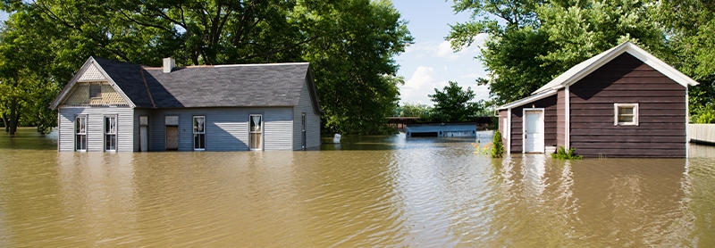 houses partially submerged by flood waters