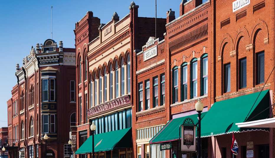 Brick buildings along a street in downtown Guthrie, Oklahoma. 
