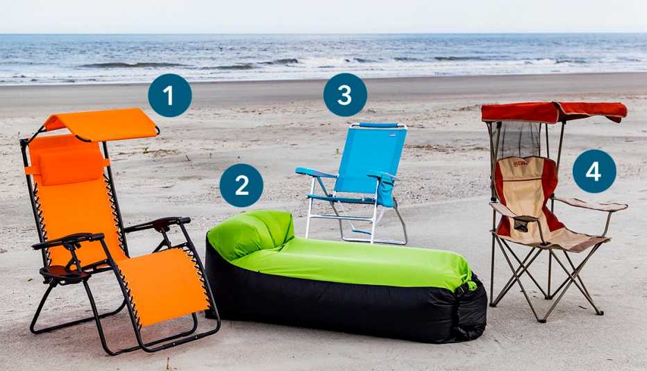 four different beach chairs on the beach