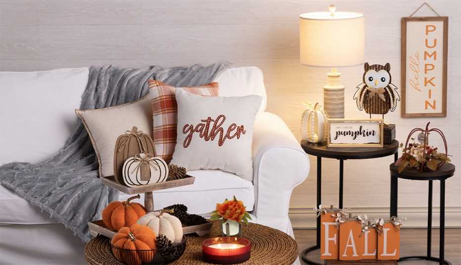 a living room decorated with fall themed items from family dollar