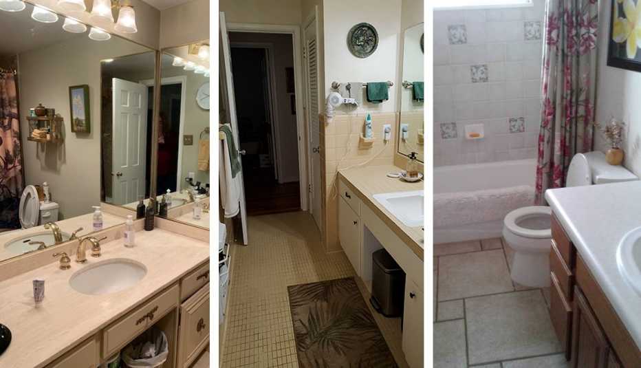 three before photos of outdated bathrooms with gold accents, old counters, low toilets, and poor use of space