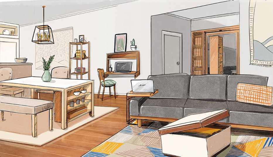 design sketch of a living room dining room area