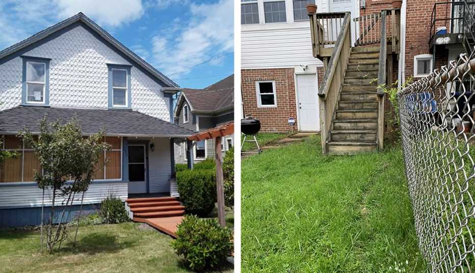 two photos one of the front of a house and one of a townhouse backyard with stairs and a chain link fence