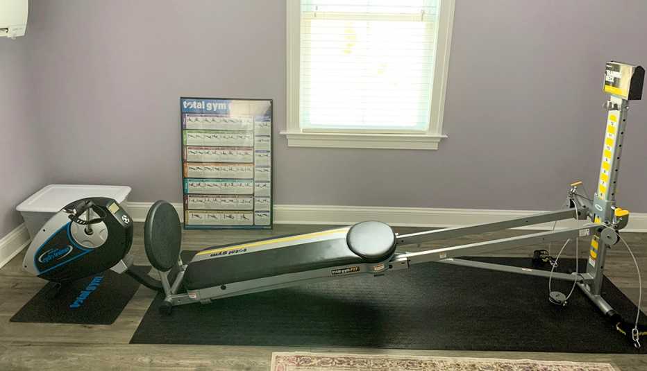 home exercise equipment in a spare bedroom of a house