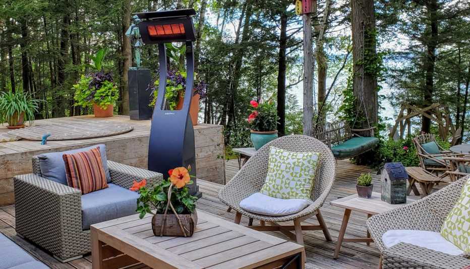 an outdoor patio with a patio heater