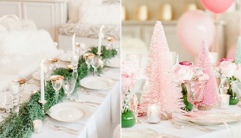 Two side by side images of tables nicely decorated