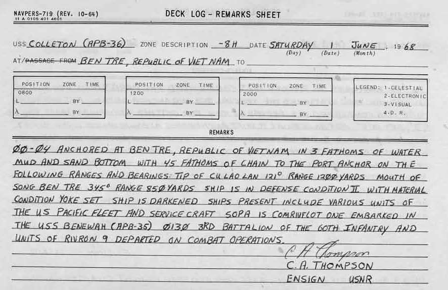 example of a routine June 1, 1968 deck log entry from the USS Colleton at sea in Vietnam