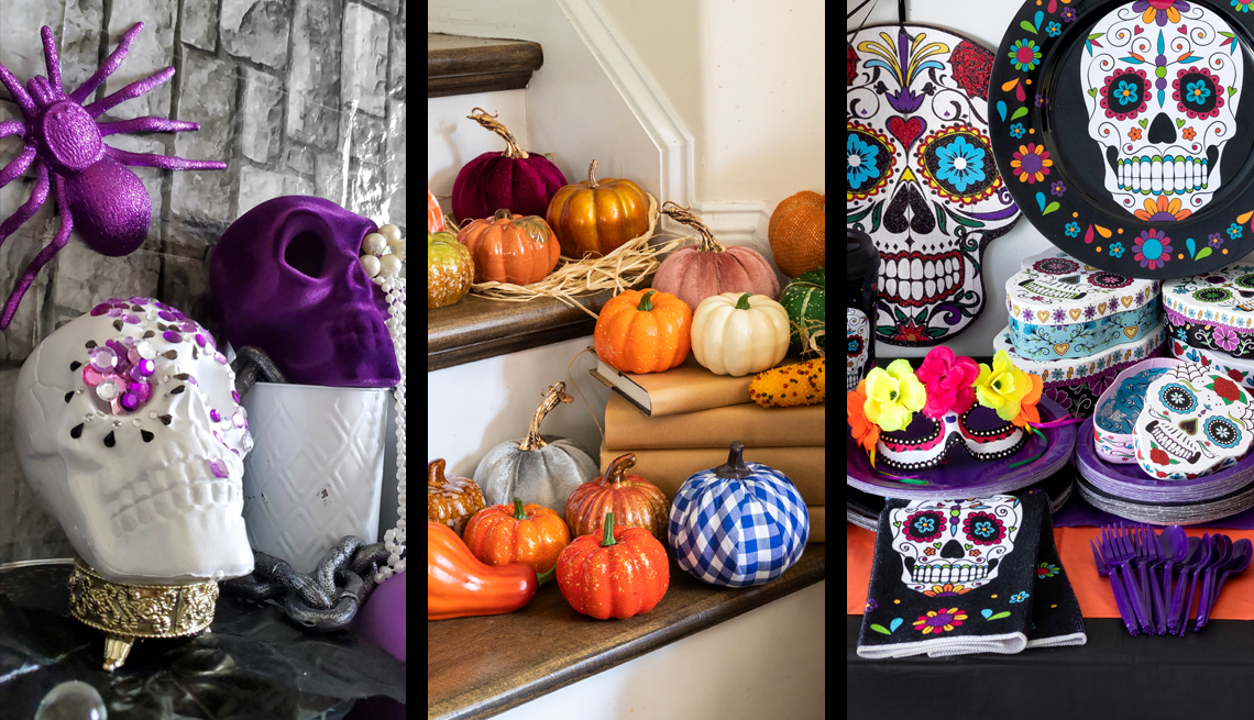 three photos of seasonal decor for halloween fall and dia de los muertos