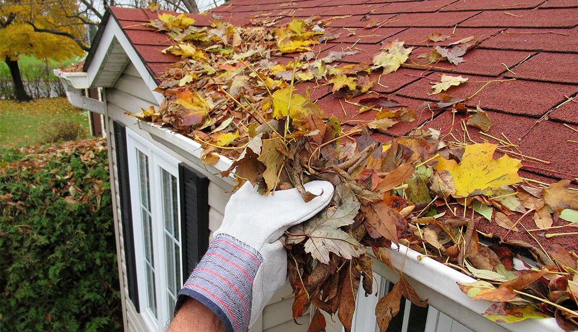 someone cleaning leaves from a roof top gutter "