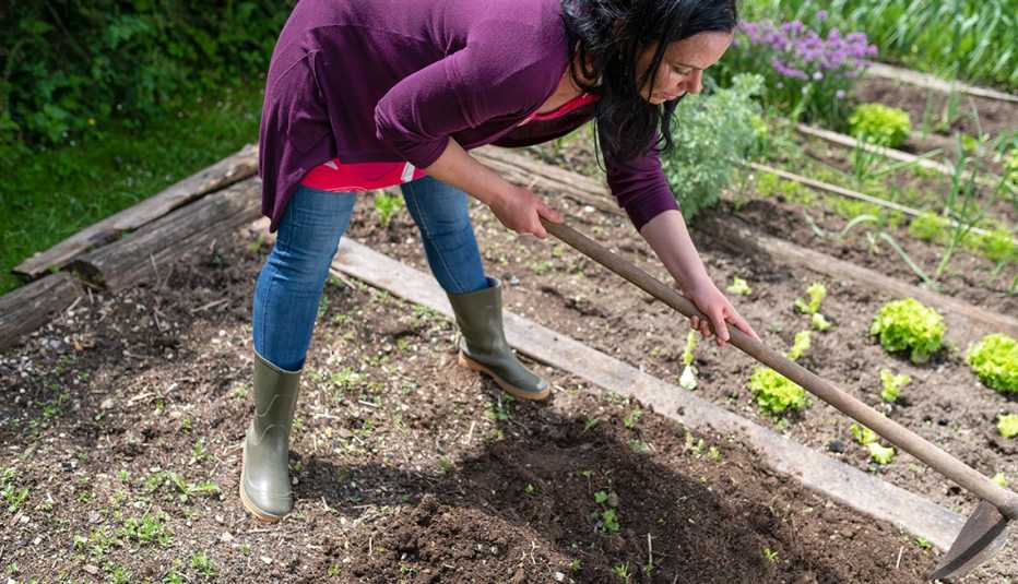 Woman digging vegetable garden beds.