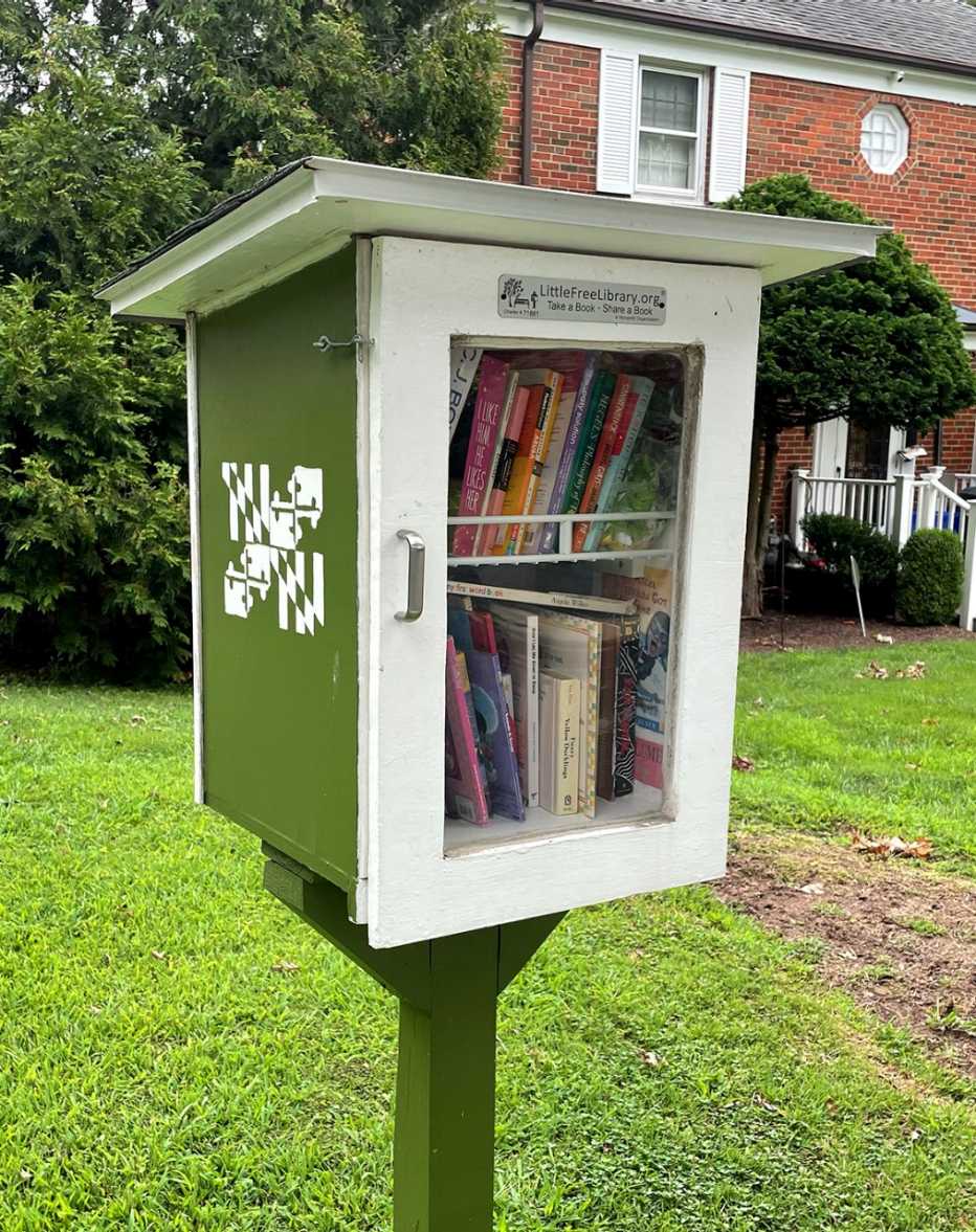 a little free library box and post in the front yard of a suburban home