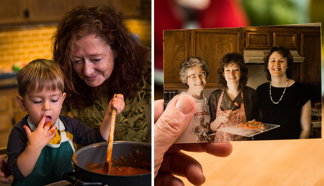 two photos on the left is author suzy vitello and her grandson luca cooking pasta sauce on the right is a family photo from about thirty five years ago