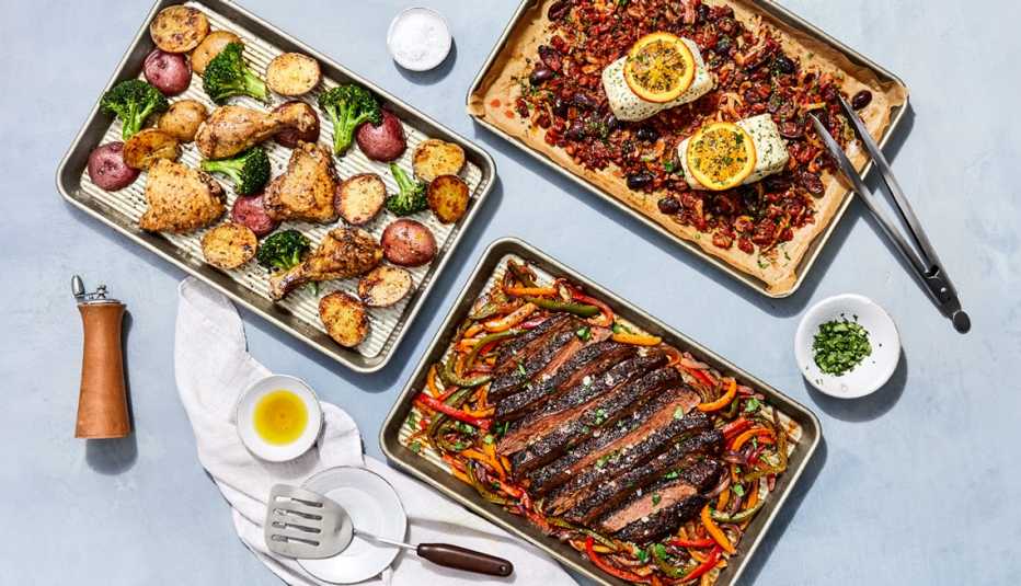 three sheet pan meals are shown with meat and vegetables all on one pan