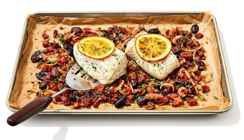 sheet pan mediterranean halibut and vegetables