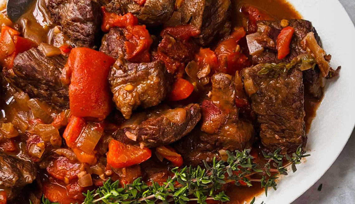 a dish of classic spanish beef stew chilindron